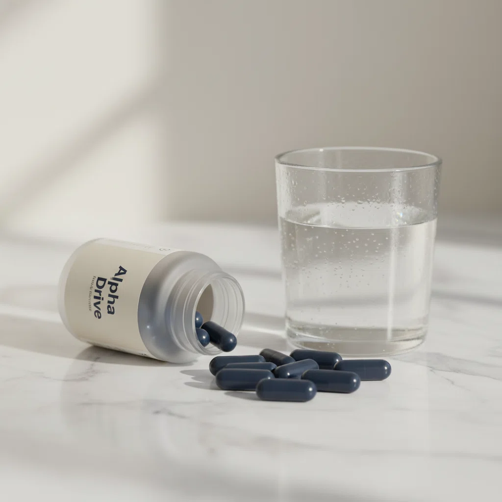Close-up van donkerblauwe Alpha Drive capsules naast een glas water - GMP supplement capsules mannen kopen Nederland