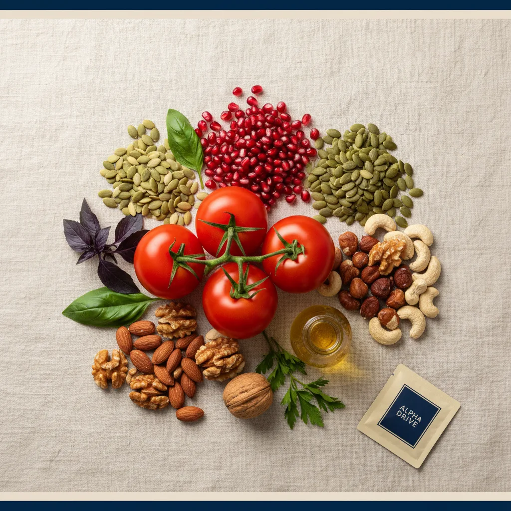 Lycopeen tomaten, granaatappel, pompoenpitten en noten - ingrediënten van zink selenium prostaat supplement Alpha Drive