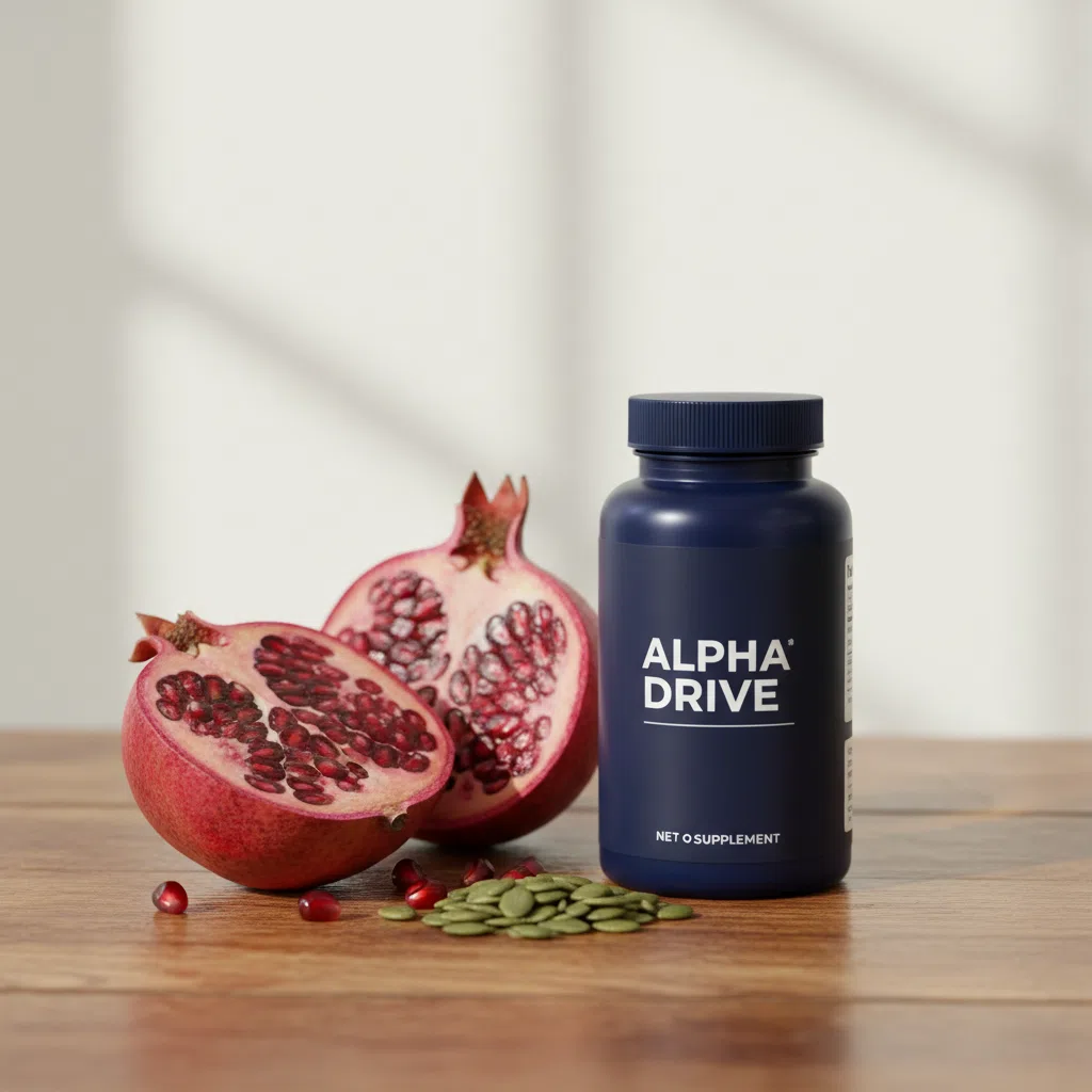 Alpha Drive pot naast granaatappel en pompoenpitten op hout - pompoenpitolie extract mannen welzijn